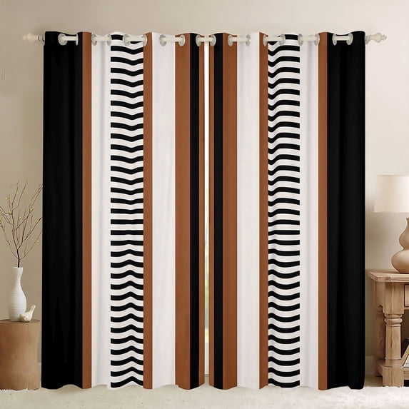 Homewish Modern Geometric Striped Curtains Pack of 2 (42x84 Each),Retro Minimalist Lines Curtains Blackout,Brown Beige Black Bedroom Curtains For Boys Kids,Ultra Soft Home Decor