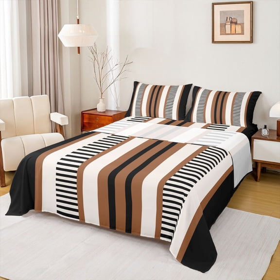 Homewish Modern Geometric Striped Twin Sheet Sets,Retro Minimalist Lines Twin Fitted Sheet,Brown Beige Black Flat Sheet For Boys Kids,Ultra Soft Home Decor,3pcs