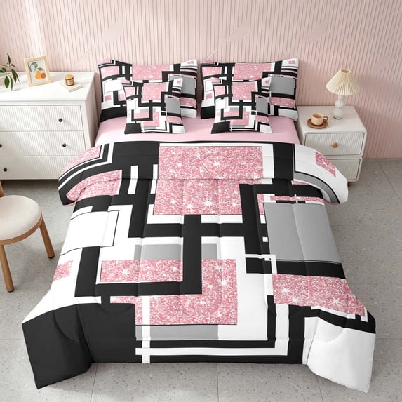 Homewish Modern Geometric Twin Bedding, Pink White Black Bedding Comforter Set, Pink Reversible, 7 Pieces