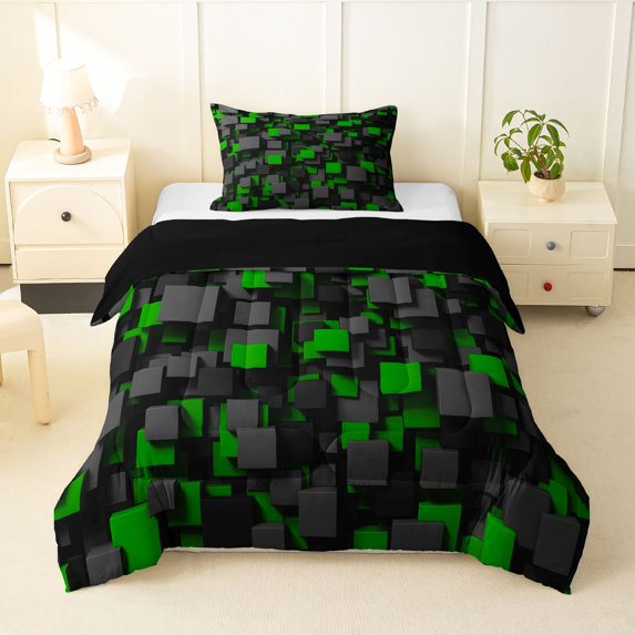 Homewish Modern Geometric Twin Comforter Sets,Black Green Checkered Bedding Set,Black Reversible,2pcs,1 Comforter and 1 Pillowcase