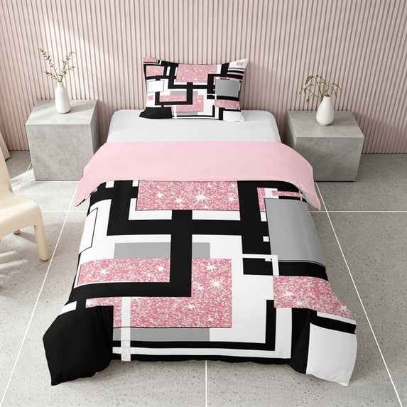 Homewish Modern Geometric Twin Duvet Cover, Pink White Black Twin Bedding, Pink Reversible, 2 Pieces 1 Duvet Cover and 1 Pillowcase