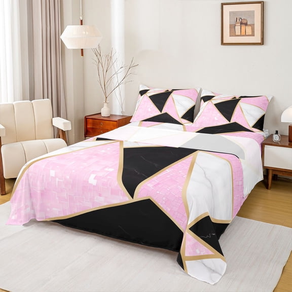 Homewish Modern Geometric Twin Sheet Sets,Abstract Trisngle Twin Fitted Sheet,Pink Black White Flat Sheet For Girls Kids,Breathable Home Decor,3-Piece
