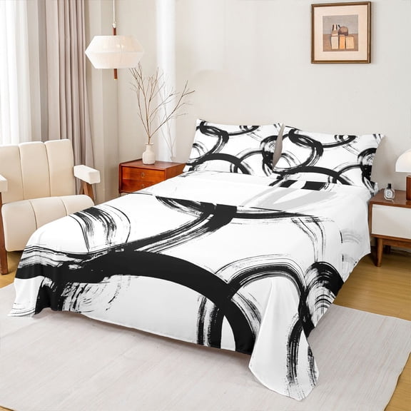 Homewish Modern Geometric Twin Sheet Sets,Graffiti Stripes Circle Twin Fitted Sheet,White Black Flat Sheet For Men Women,Microfiber Bedroom Decor,3 Pieces