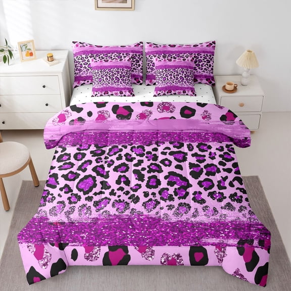 Homewish Modern Glitter Fashion Bedding Comforter Set 7pcs for Kids, Mystic Purple Leopard Print Queen Bedding Sets, Cheetah Animal Reversible Queen Sheet Sets, Ultra Soft Bedroom Decor