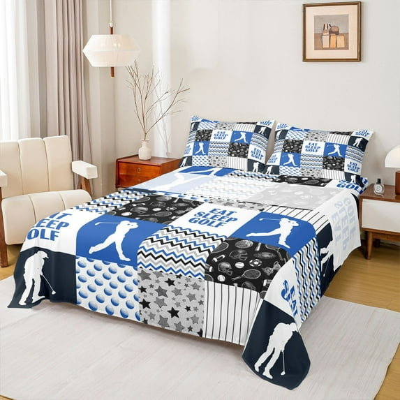 Homewish Modern Golf Sport Queen Sheet Sets for Boys, Blue Patchwork Plaid Flat Sheet, Cartoon Stars Print Queen Fitted Sheet, Super Cozy Room Decor, 4 Pieces