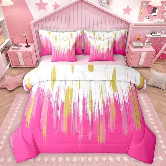 Homewish Modern Graffiti Geometric 7-Piece Bedding Comforter Set,Minimalist Artistic King Bedding Sets,Pink White Gold Bed Sheets For Girls Kids,Breathable Home Decor Reversible