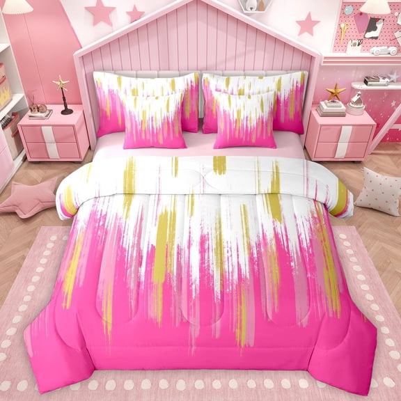 Homewish Modern Graffiti Geometric 7 Pieces Bedding Comforter Set,Minimalist Artistic Full Bedding Set,Pink White Gold Fitted Sheet Flat Sheet For Girls Kids,Breathable Home Decor Reversible
