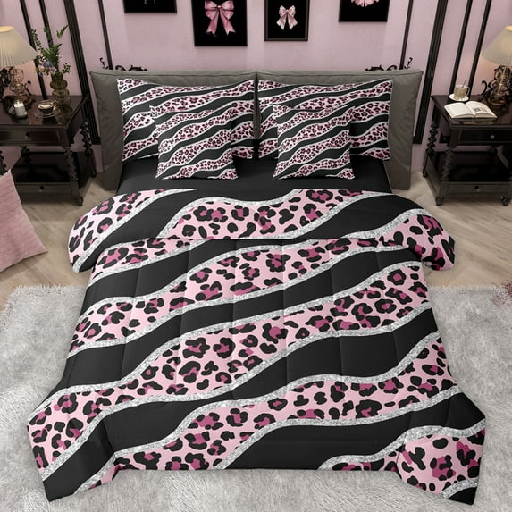 Homewish Modern Leopard Print Twin Bedding Sets 7-Piece for Female, Fashion Lines Stripes Bedding Comforter Set, Black Pink Abstract Ombre Reversible Sheet Sets, Luxury Bedroom Decor
