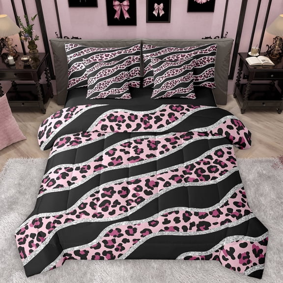 Homewish Modern Leopard Print Twin Bedding Sets 7-Piece for Female, Fashion Lines Stripes Bedding Comforter Set, Black Pink Abstract Ombre Reversible Sheet Sets, Luxury Bedroom Decor