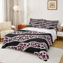 Homewish Modern Leopard Print Twin Sheet Sets for Female, Fashion Lines Stripes Twin Fitted Sheet, Black Pink Abstract Ombre Flat Sheet, Luxury Bedroom Decor, 3 Pieces