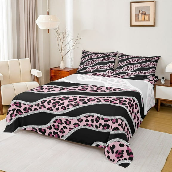 Homewish Modern Leopard Print Twin Sheet Sets for Female, Fashion Lines Stripes Twin Fitted Sheet, Black Pink Abstract Ombre Flat Sheet, Luxury Bedroom Decor, 3 Pieces