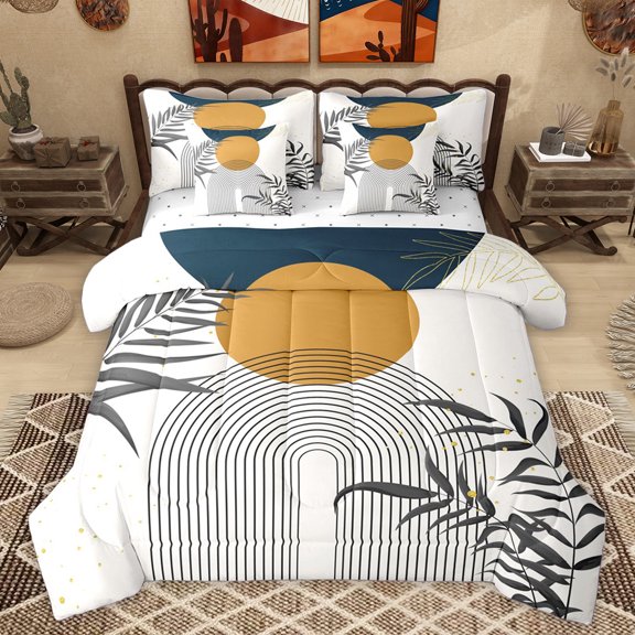 Homewish Modern Minimalism Aesthetic 7 Pieces Bedding Comforter Set,Geometric Striped Lines Full Bedding Set,Blue Brown Circular Circle Fitted Sheet Flat Sheet For Microfiber Bedroom Decor Reversible