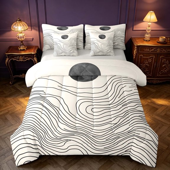 Homewish Modern Minimalist Art Twin Bedding, Mid Century Aesthetic Bedding Comforter Set, Gray Reversible 7 Pieces