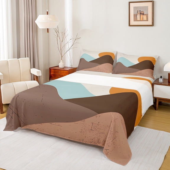 Homewish Modern Minimalist Artistic Full Size Sheets,Retro Geometric Pattern Bed Sheets,Brown Blue Sheet Sets For Men Women,Microfiber Bedroom Decor,4-Piece