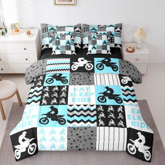 Homewish Modern Motercycle Bedding Comforter Set 7pcs for Boys, Cyan Patchwork Plaid Queen Bedding Sets, Cartoon Stars Print Reversible Queen Sheet Sets, Breathable Home Decor