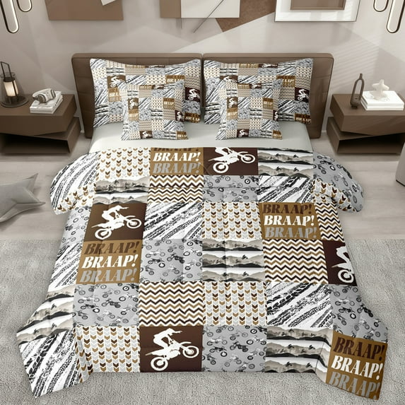 Homewish Modern Motorcycle Player Bedding Comforter Set 7 Pieces for Teen, Brown Stripes Wave Full Bedding Set, Fashion Plaid Patchwork Reversible Fitted Sheet Flat Sheet, Lightweight Room Decor