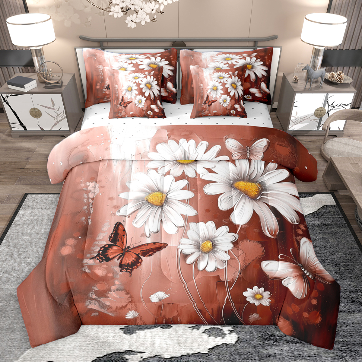 Homewish Modern Oil Painting 7 Pieces Bedding Comforter Set,Kawaii Daisy Butterflies Full Bedding Set,Deep Red White Fitted Sheet Flat Sheet For Girl Teens,Breathable Home Decor Reversible