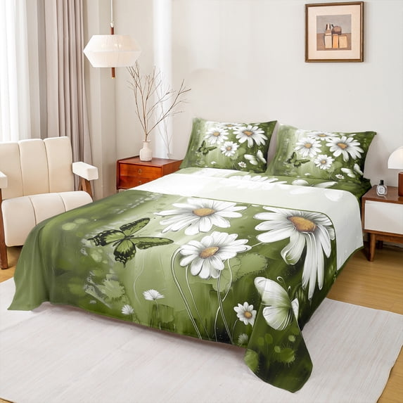 Homewish Modern Oil Painting Bed Sheets,Kawaii Daisy Butterflies King Sheets,Green White Sheet Set For Girl Teens,Breathable Home Decor,4pcs