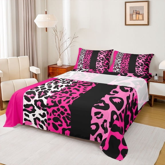 Homewish Modern Polkadots Teens Full Size Sheets, Hot Pink Fashion Bed Sheets, Leopard Cheetah Print Sheet Sets, Luxury Bedroom Decor, 4pcs