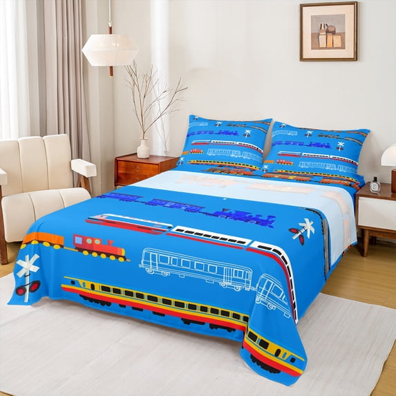 Homewish Modern Railway Truck Full Size Sheets,Vehicle Train Bed Sheets,Blue Orange Sheet Sets For Teens,Breathable Home Decor,4pcs