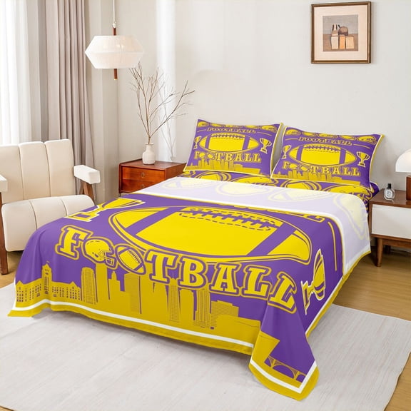 Homewish Modern Rugby Sports Twin Sheet Sets for Kids, Purple Yellow Soccer Twin Fitted Sheet, Cartoon Football Theme Flat Sheet, Breathable Home Decor, 3-Piece