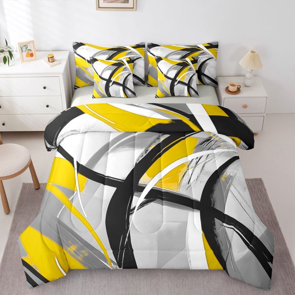 Homewish Modern Spiral 7-Piece Twin Bedding,Aesthetic Artwork Bedding Comforter Set,Yellow,Light Gray Reversible