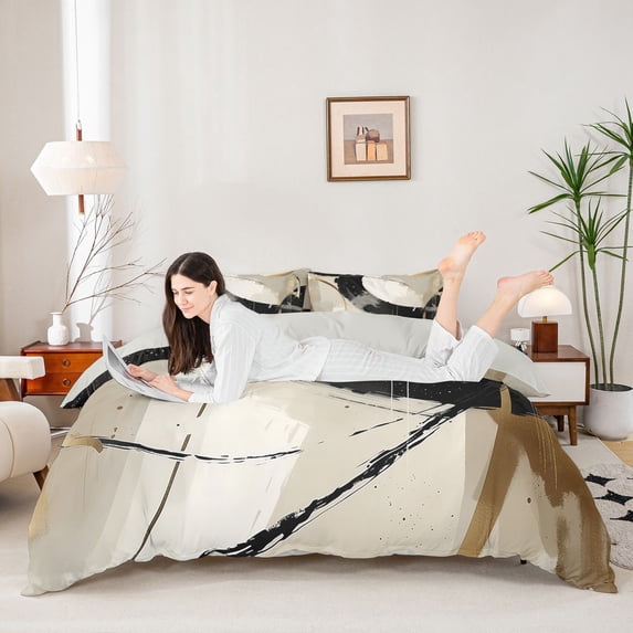 Homewish Modern Spiral Bedding,Geometric Abstract Duvet Cover Full,Cream,Light Gray Reversible,3 Pieces,1 Duvet Cover and 2 Pillowcases