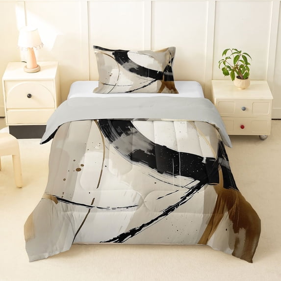 Homewish Modern Spiral Twin Comforter Sets,Geometric Abstract Bedding Set,Cream,Light Gray Reversible,2-Piece,1 Comforter and 1 Pillowcase