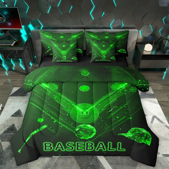 Homewish Modern Stereoscopic Geometric 7-Piece Bedding Comforter Set,Baseball Sport Theme King Bedding Sets,Green Black Bed Sheets For Kids Boy,Microfiber Bedroom Decor Reversible