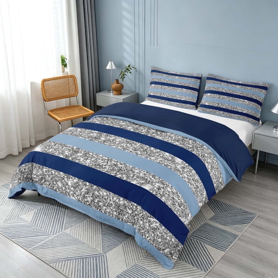 Homewish Modern Stripes Bedding, Blue Gray Duvet Cover Full, Navy Reversible, 3 Pieces 1 Duvet Cover and 2 Pillowcases