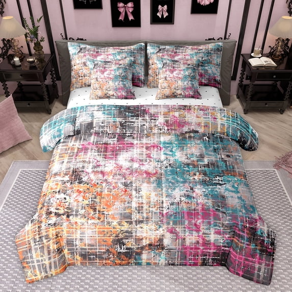 Homewish Modern Stripes Lines Bedding Comforter Set 7 Pieces for Women, Checkered Square Full Bedding Set, Fashion Graffiti Artwork Reversible Fitted Sheet Flat Sheet, Breathable Home Decor
