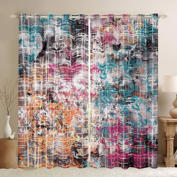 Homewish Modern Stripes Lines Black Out Curtains for Women, Checkered Square Curtains Pack of 2 (42x63 Each), Fashion Graffiti Artwork Bedroom Curtains, Curtains and Drapes Home Decor