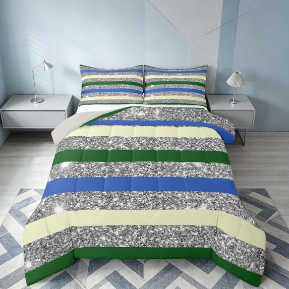 Homewish Modern Stripes Queen Comforter Set, Green Blue Gray Comforter Sets Queen, Gray Reversible, 3-Piece 1 Comforter and 2 Pillowcases