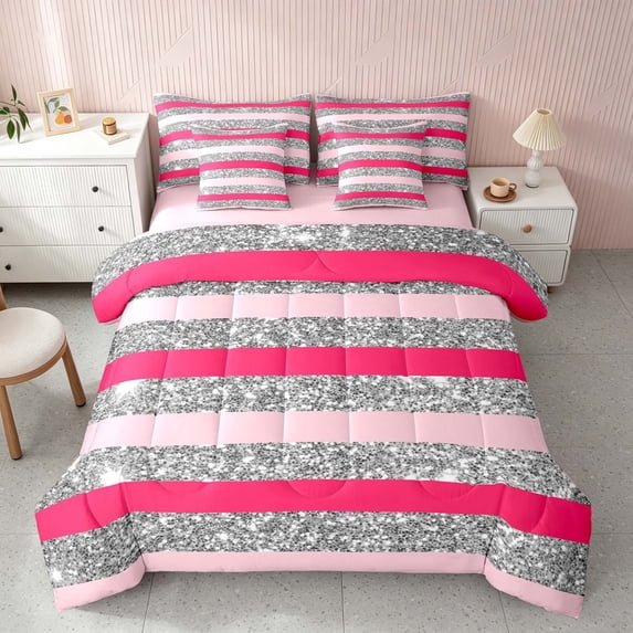 Homewish Modern Stripes Twin Bedding, Pink Gray Bedding Comforter Set, Pink Reversible, 7pcs