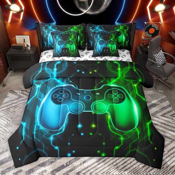 Homewish Modern Video Game 7-Piece Twin Bedding Sets,Kids Gamepad Controller Bedding Comforter Set,Gradient Blue Green Sheet Sets For Boy,Microfiber Room Decor Reversible
