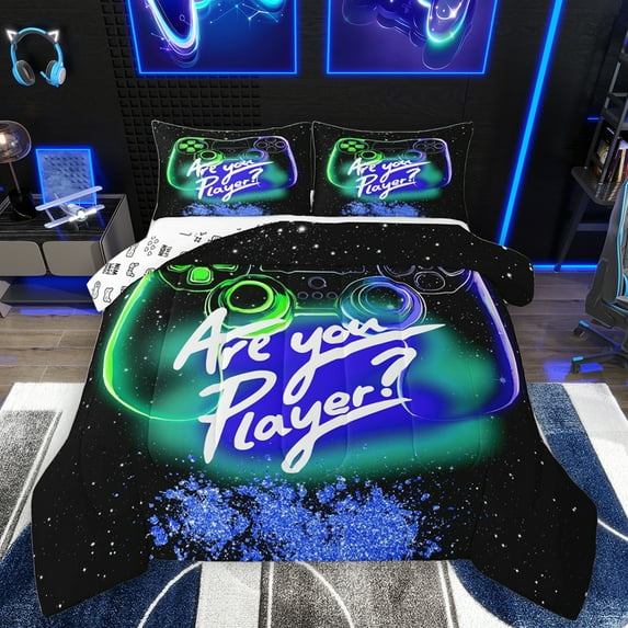 Homewish Modern Video Game Bedding Comforter Set,Kids Gamepad Controller Twin Comforter Sets,Blue Sequin Print Bedding Set For Boy,Microfiber Room Decor Reversible,2-Piece