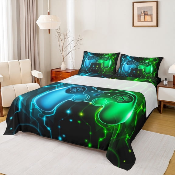 Homewish Modern Video Game Full Size Sheets,Kids Gamepad Controller Bed Sheets,Gradient Blue Green Sheet Sets For Boy,Microfiber Room Decor,4pcs