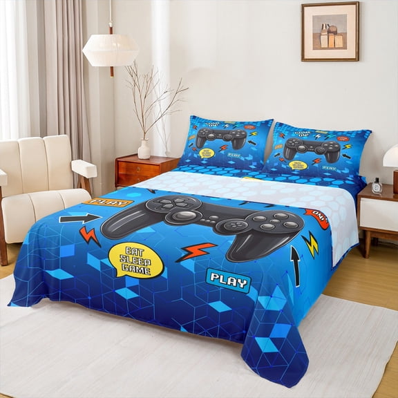 Homewish Modern Video Game Twin Sheet Sets for Boys, Blue Cartoon Gamepad Twin Fitted Sheet, Honeycomb Abstract Flat Sheet, Super Cozy Room Decor, 3pcs