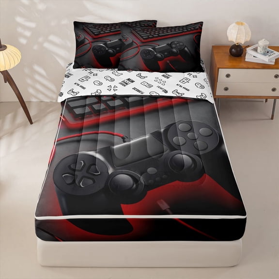 Homewish Modern Video Game Zipper Twin Comforter Sets with Fitted Sheet and 2 Pillowcases,Kids Game Controller Zipper Bedding Set For Console Gamer,Reversible,4-Piece