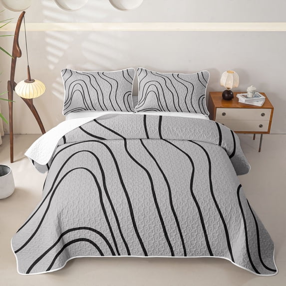 Homewish Modern Wavy Lines Twin Quilt Set,Geometric Artwork Twin Coverlet Set,Black Gray,2-Piece