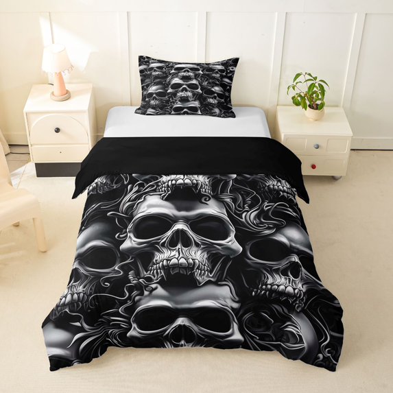 Homewish Monochrome Swirl Skull Stack Twin Duvet Cover for Kids, Halloween Skeleton Twin Bedding, Black Reversible, 2-Piece, 1 Duvet Cover and 1 Pillowcase