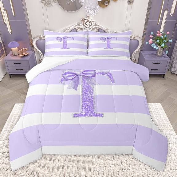 Homewish Monogrammed Bling T Bedding Comforter Set, Cool Girls Bowknot Twin Comforter Sets, Purple White Stripes Bedding Set, Microfiber Bedroom Decor, 2pcs