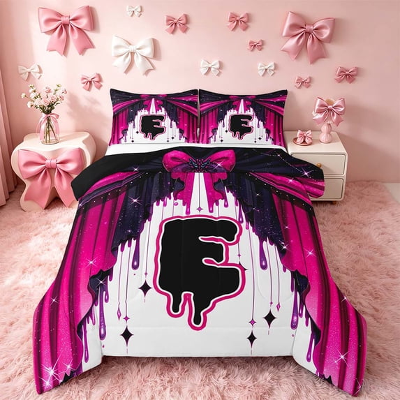 Homewish Monogrammed E Queen Comforter Set for Girls, Black Pink Bowknot Comforter Sets Queen, Black Reversible, 3 Pieces 1 Comforter and 2 Pillowcases