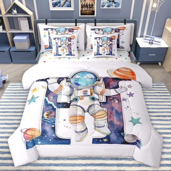 Homewish Monogrammed H Theme 7-Piece Twin Bedding Sets,Planet Stars Pattern Bedding Comforter Set,Multicolor Splash Ink Sheet Sets For Girl Teens,Ultra Soft Bedroom Decor Reversible