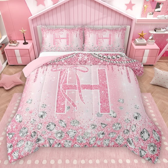 Homewish Monogrammed H Theme Bedding Comforter Set,Cartoon Stereoscopic Diamond Twin Comforter Sets,Pink Sparking Print Bedding Set For Girl Teens,Ultra Soft Bedroom Decor Reversible,2pcs