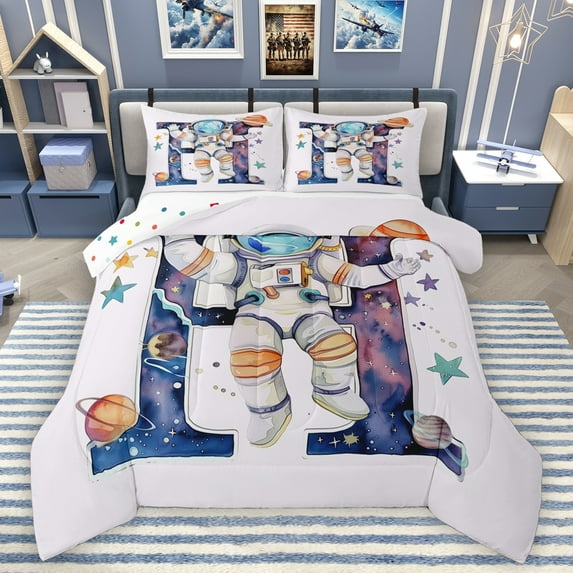Homewish Monogrammed H Theme Queen Comforter Set,Planet Stars Pattern Bedding Sets,Multicolor Splash Ink Bedding Comforter Set For Girl Teens,Ultra Soft Bedroom Decor Reversible,3 Pieces