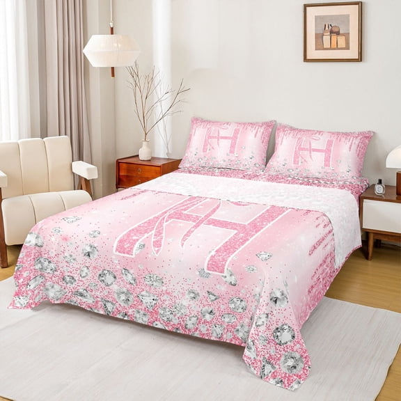Homewish Monogrammed H Theme Twin Sheet Sets,Cartoon Stereoscopic Diamond Twin Fitted Sheet,Pink Sparking Print Flat Sheet For Girl Teens,Ultra Soft Bedroom Decor,3pcs