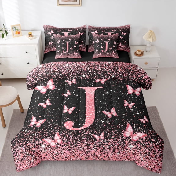 Homewish Monogrammed J Female Twin Bedding Sets 7-Piece, Cartoon Pink Kawaii Butterfly Bedding Comforter Set, Glitter Stars Diamond Reversible Sheet Sets, Microfiber Bedroom Decor