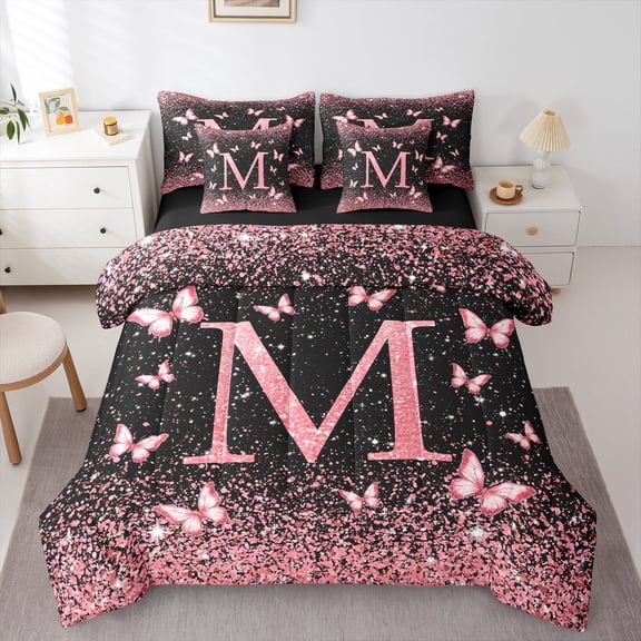 Homewish Monogrammed M Female Twin Bedding Sets 7-Piece, Cartoon Pink Kawaii Butterfly Bedding Comforter Set, Glitter Stars Diamond Reversible Sheet Sets, Ultra Soft Bedroom Decor