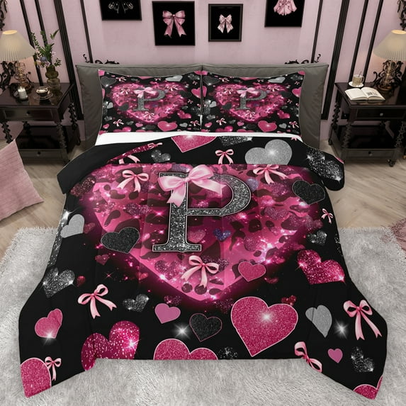 Homewish Monogrammed P Bedding Comforter Set for Girl, Glitter Love Heart Twin Comforter Sets, Romantic Anniversary Theme Reversible Bedding Set, Lightweight Room Decor, 2pcs